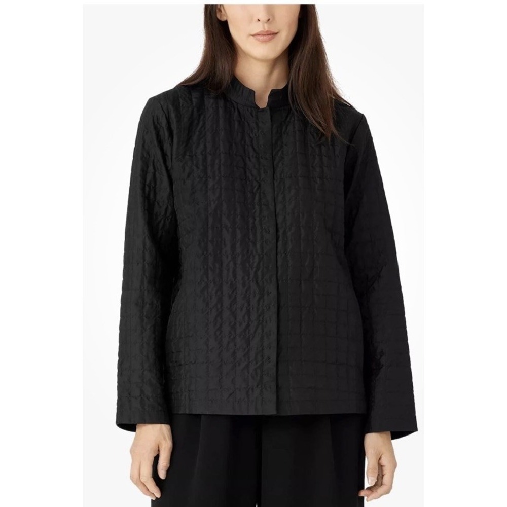 Eileen Fisher 100% Silk Habutai Quilted Jacket In Black Snaps Women's Small